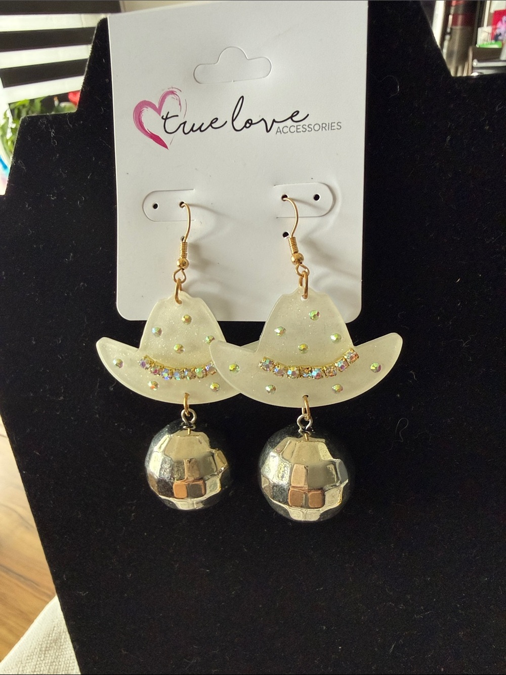 True Love Accessories Iridescent Cowboy Hat Earrings with Disco Ball Drops